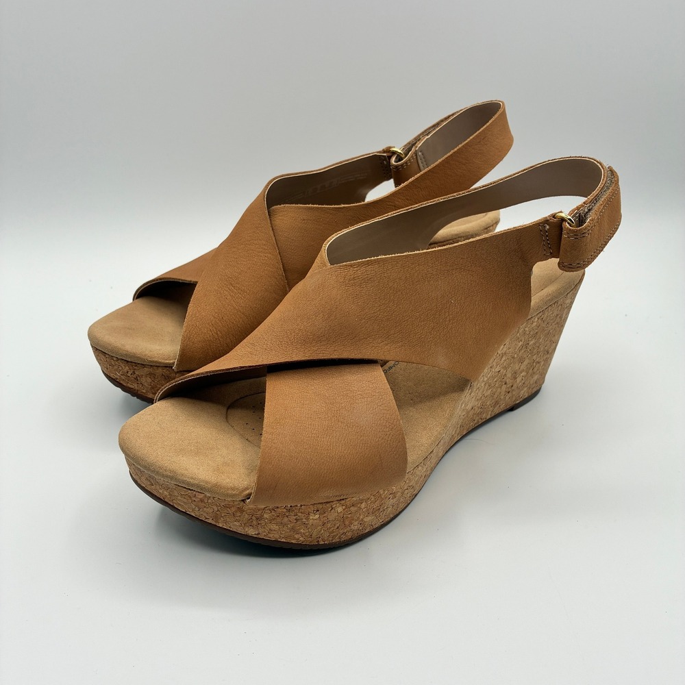 Clarks Collection Wedge Sandals Women 9 40 Tan Leather Cork Slingback Platform